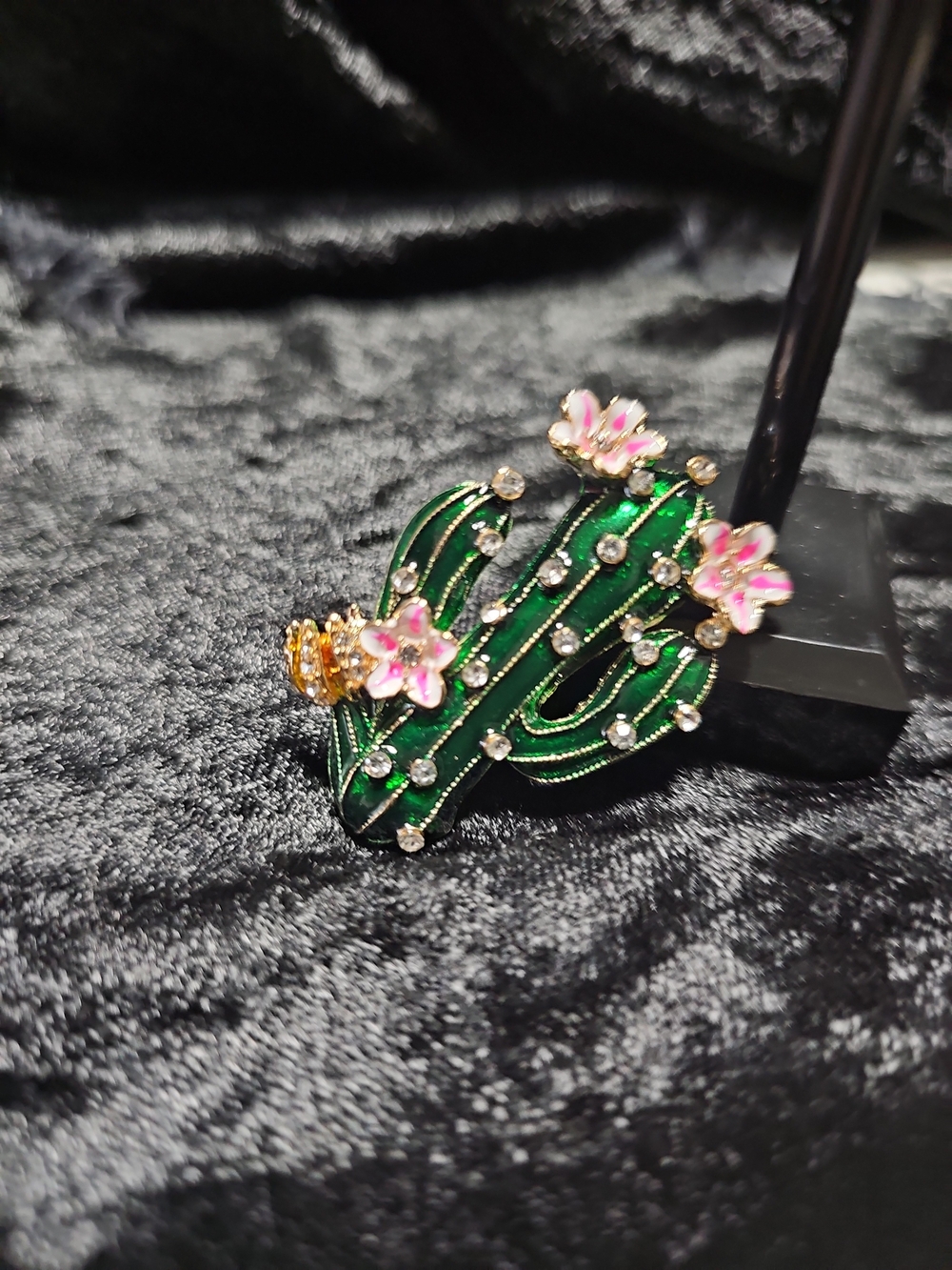 Green Cactus Brooch Pin with Pink Flower Accents